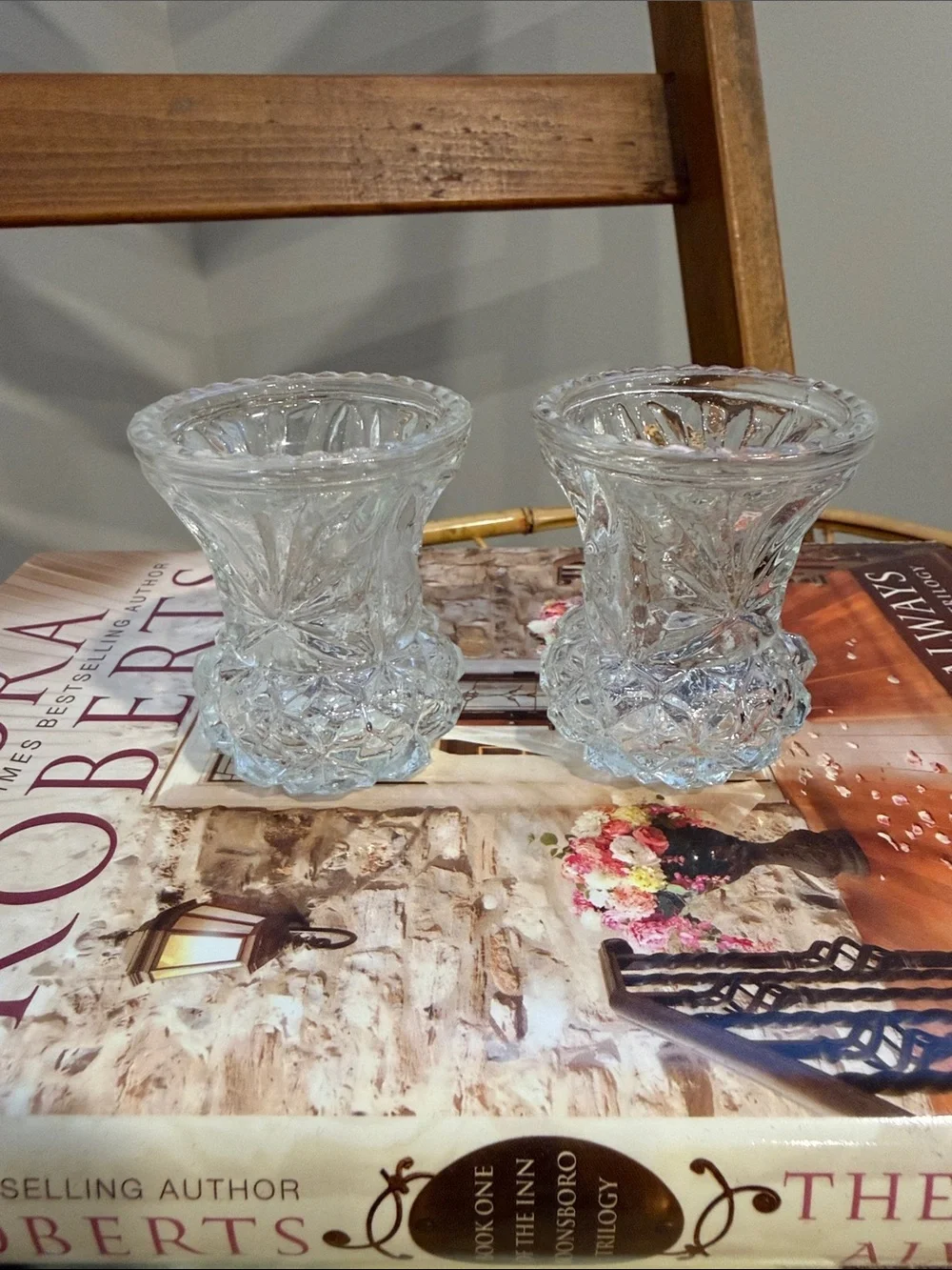 Vintage Pair Clear Pressed Glass Candle Holders Made in Tawain